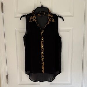 Black Sleeveless Blouse with Leopard Accents